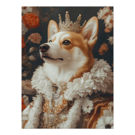 Póster Regal Corgi Portrait with Crown and Floral Accents