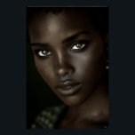 Póster Regal Ebony Portrait Intense Gaze Gold Hoops<br><div class="desc">A luminous close-up captures deep ebony skin sculpted by soft light, highlighting razor-sharp cheekbones, full glossy lips, and piercing hazel-green eyes framed by bold winged liner. Natural curls hug the face tightly while small gold hoops and rich green embroidered fabric add refined luxury against a velvety black backdrop. The portrait...</div>