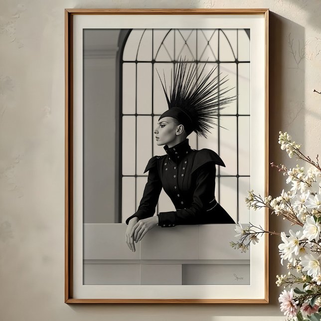 Poster Regal Gaze: Moda Monocromática Avant-Garde (Criador carregado)