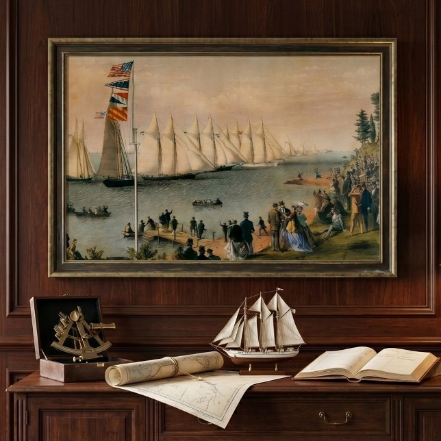Póster Regata do Clube de Iate de Nova York, Marítimo Vin (The New York Yacht Club Regatta. Originally published by Currier & Ives, 1869.)