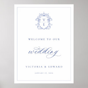 Poster Regency Blue Crest Monogramas Boas-vindas
