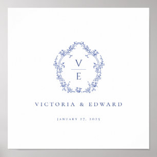 Poster Regency Blue Ornamentado Crest Casamento Monograma