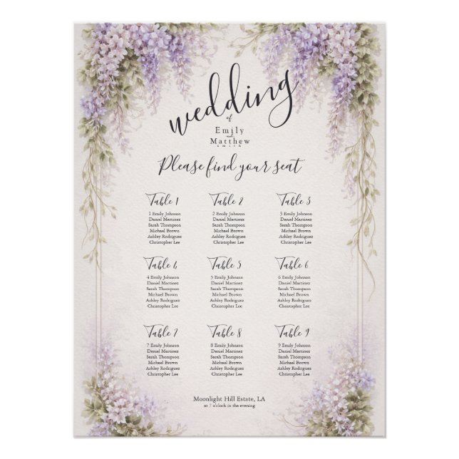 Póster Regency Wisteria Wedding Seating Chart Poster (Frente)