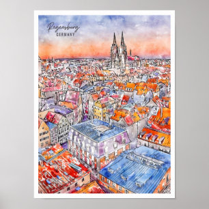 Poster Regensburg Alemanha viagem vintage aquarela