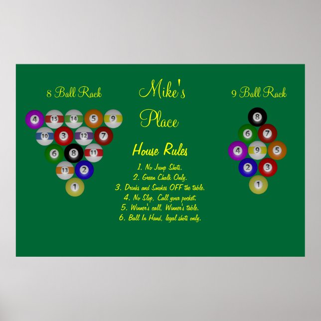 Póster Regras de Piscina da Billiard House (Frente)