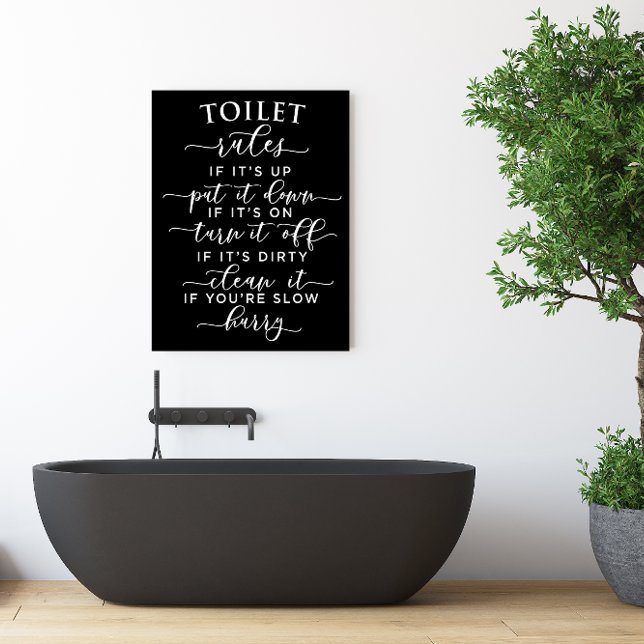 Poster Regras Engraçadas de Banheiro – Texto Branco Elega (Funny Toilet Rules – Elegant White Text on Black Poster)