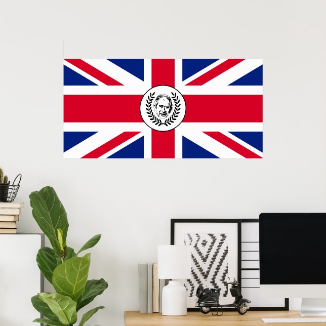 Poster Rei Carlos III sobre a bandeira da União Britânica (Escritório em casa)