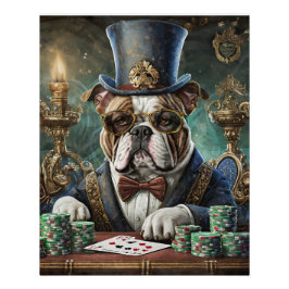 Póster Rei da Mesa, Bulldog toca CartõesPapel Tecido