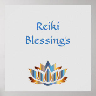 Póster Reiki Bênçãos Flor de lótus branco/Dourado/azu