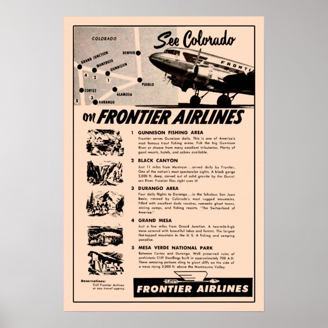 Póster Reimpressão de anúncios de Frontier Airlines 1950 (Frente)