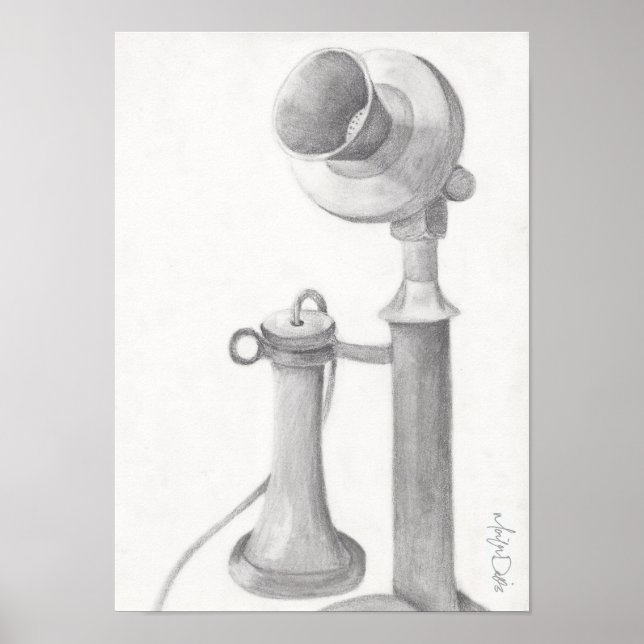 Póster Reimpressão de desenho a lápis de telefone antigo (Frente)