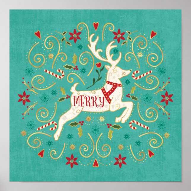 Poster Reindeer de Teal de Feriado de feliz (Frente)