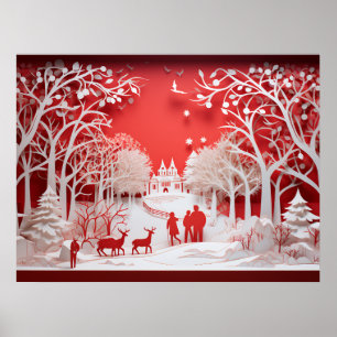 Poster Reindeers 3D e Pessoas na aldeia