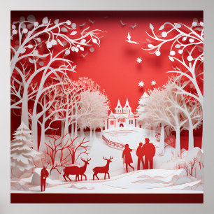 Poster Reindeers 3D e Pessoas na aldeia