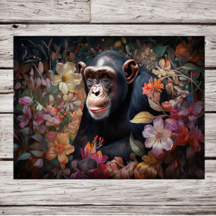 Póster Reino Floral: Um Chimpanzé em meio a um Jardim de