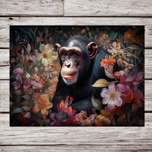 Póster Reino Floral: Um Chimpanzé em meio a um Jardim de  (Criador carregado)