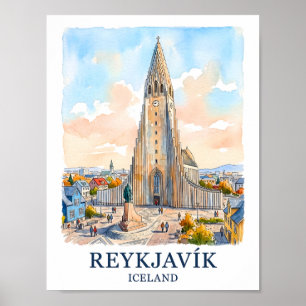 Poster Reiquiavique Islândia Igreja Aquarela Paisagem Via