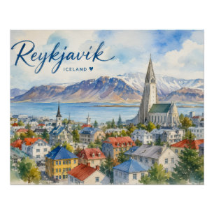 Póster Reiquiavique Islândia souvenir aquarela 