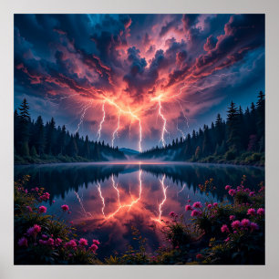 Poster Relâmpago Dramático sobre um Lago Florestal Sereno