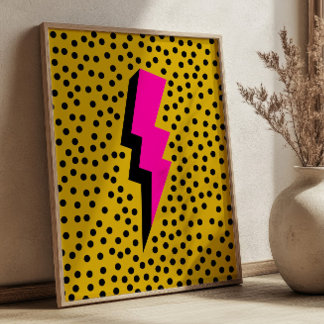 Poster Relâmpago Rosa em Arte Pop Amarela Pontilhada