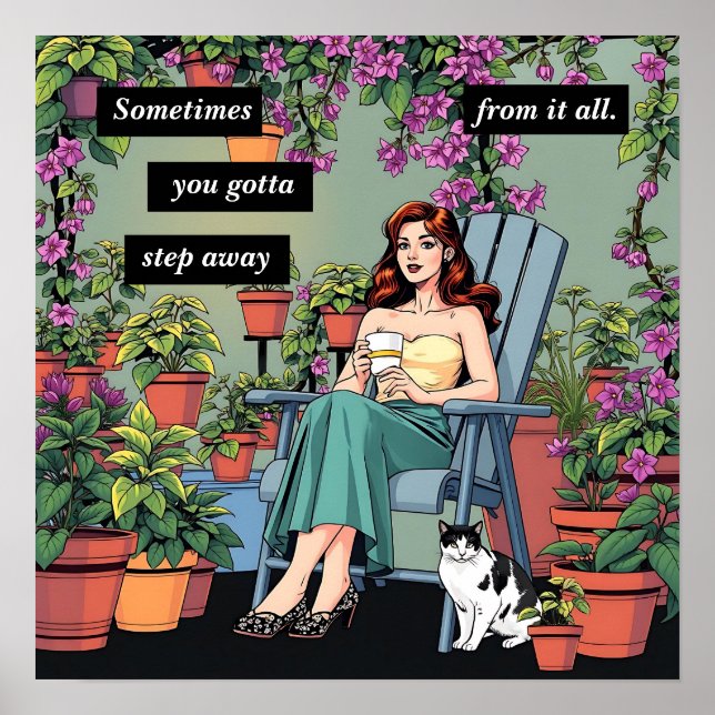 Poster Relaxamento com Café, Gatos e Plantas (Frente)