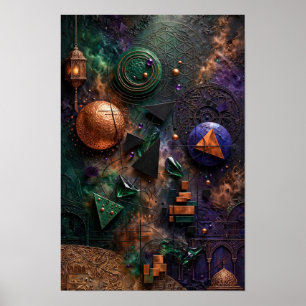 Poster Relevo de Geometria Cósmica Esmeralda - Cobre Viol
