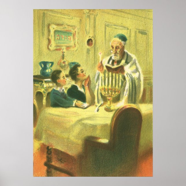 Poster Religião Vintage, Judaísmo, Iluminando a Menorah (Frente)