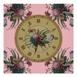 Póster Relógio Antigo com Flores
