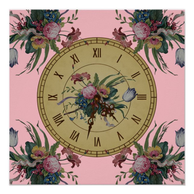 Póster Relógio Antigo com Flores (Frente)