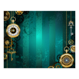 Póster Relógio de Joia Steampunk em um Fundo Verde