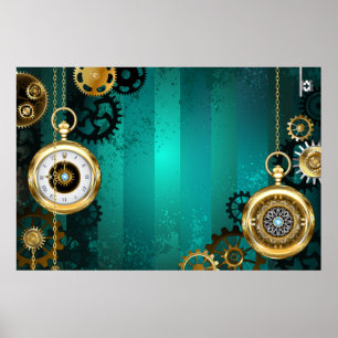 Poster Relógio de Joia Steampunk em um Fundo Verde
