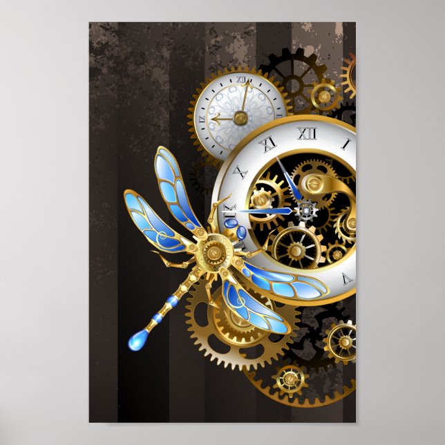 Poster Relógio Steampunk com Dragonfly Mecânica (Frente)