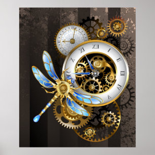 Poster Relógio Steampunk com Dragonfly Mecânica