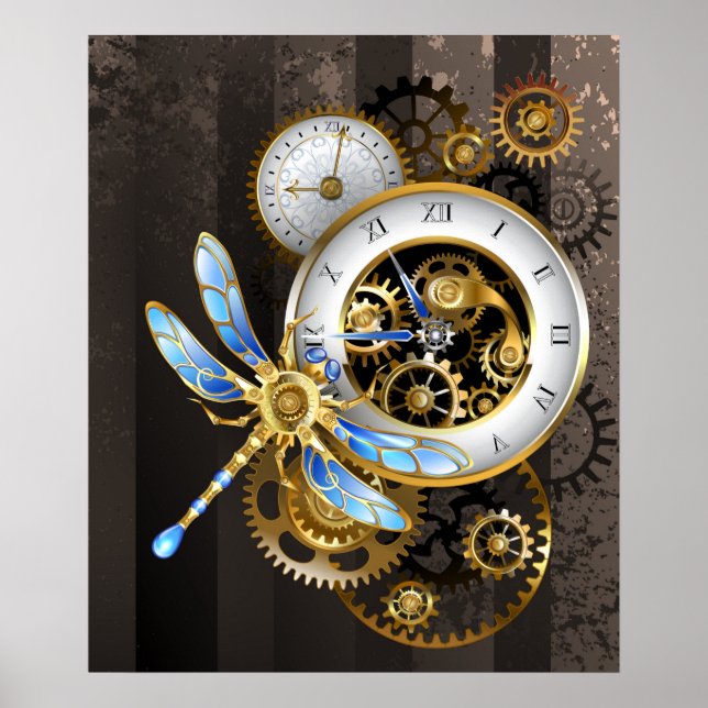 Poster Relógio Steampunk com Dragonfly Mecânica (Frente)