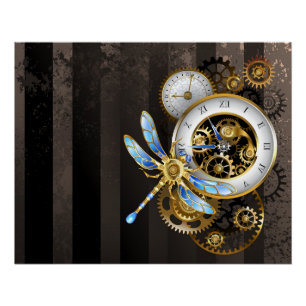 Póster Relógio Steampunk com Dragonfly Mecânica