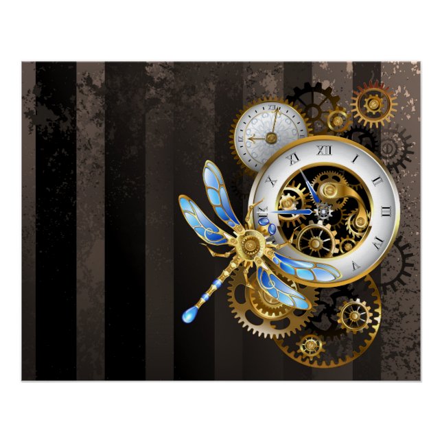 Póster Relógio Steampunk com Dragonfly Mecânica (Frente)
