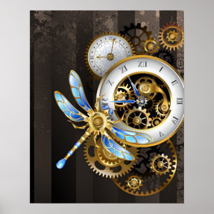 Poster Relógio Steampunk com Dragonfly Mecânica