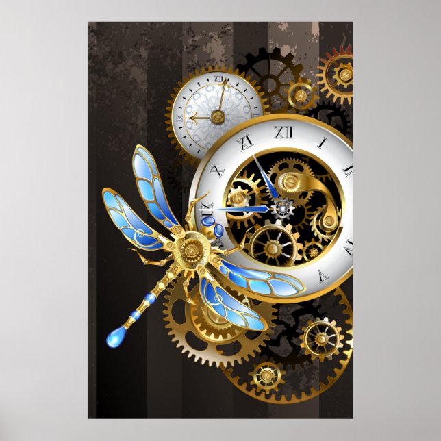 Poster Relógio Steampunk com Dragonfly Mecânica (Frente)