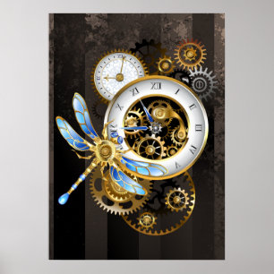Poster Relógio Steampunk com Dragonfly Mecânica
