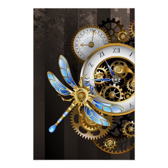 Póster Relógio Steampunk com Dragonfly Mecânica (Frente)