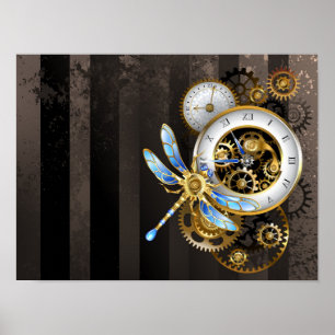 Poster Relógio Steampunk com Dragonfly Mecânica