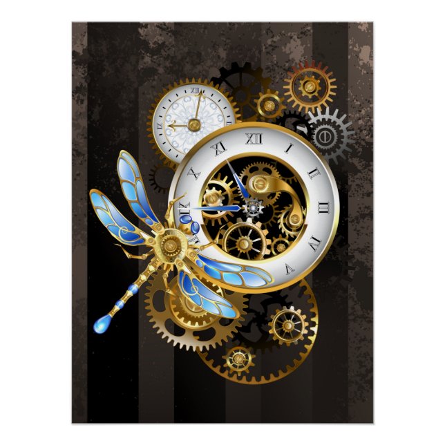 Póster Relógio Steampunk com Dragonfly Mecânica (Frente)