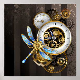 Poster Relógio Steampunk com Dragonfly Mecânica