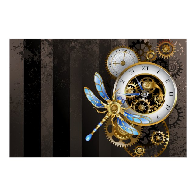 Póster Relógio Steampunk com Dragonfly Mecânica (Frente)