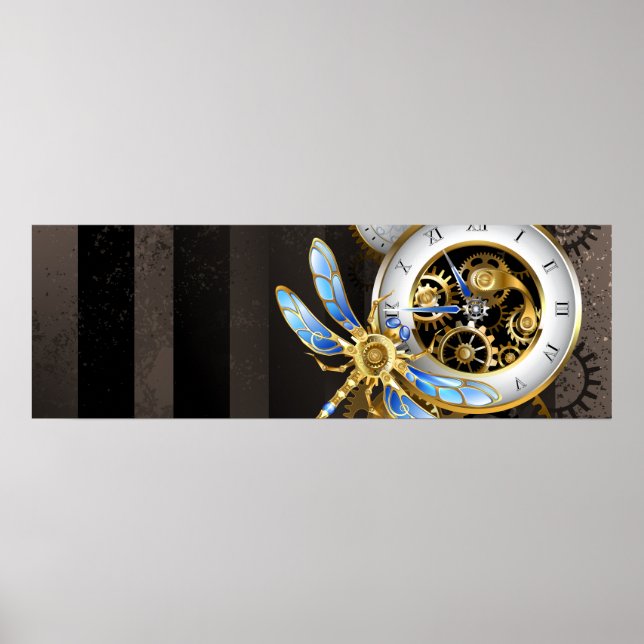 Poster Relógio Steampunk com Dragonfly Mecânica (Frente)