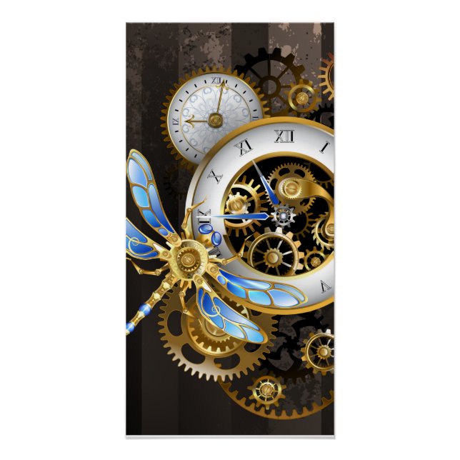 Póster Relógio Steampunk com Dragonfly Mecânica (Frente)
