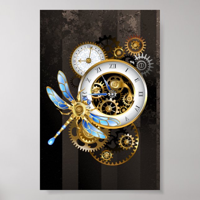 Poster Relógio Steampunk com Dragonfly Mecânica (Frente)