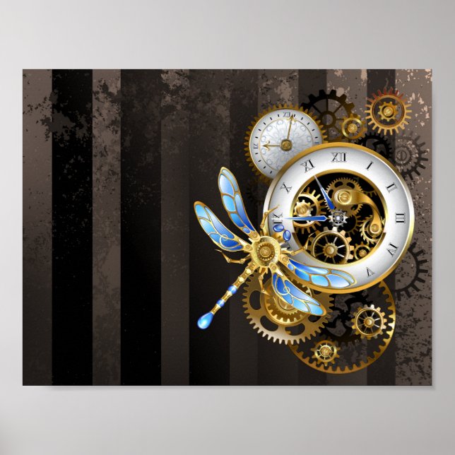 Poster Relógio Steampunk com Dragonfly Mecânica (Frente)