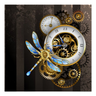 Póster Relógio Steampunk com Dragonfly Mecânica