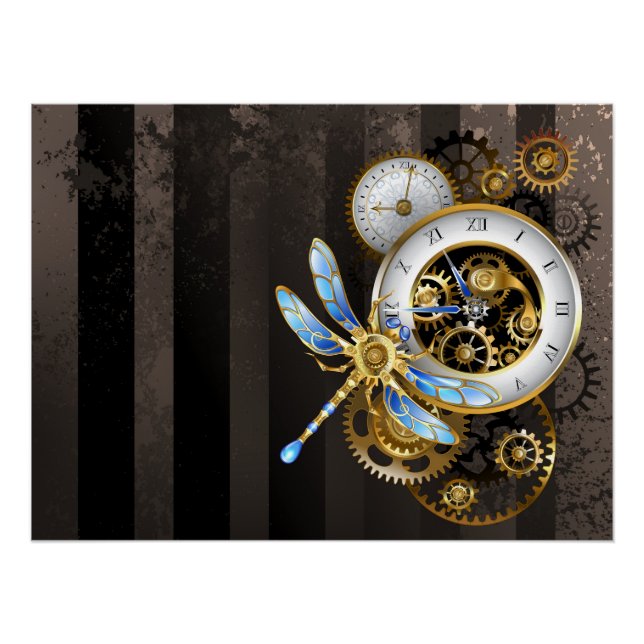 Póster Relógio Steampunk com Dragonfly Mecânica (Frente)
